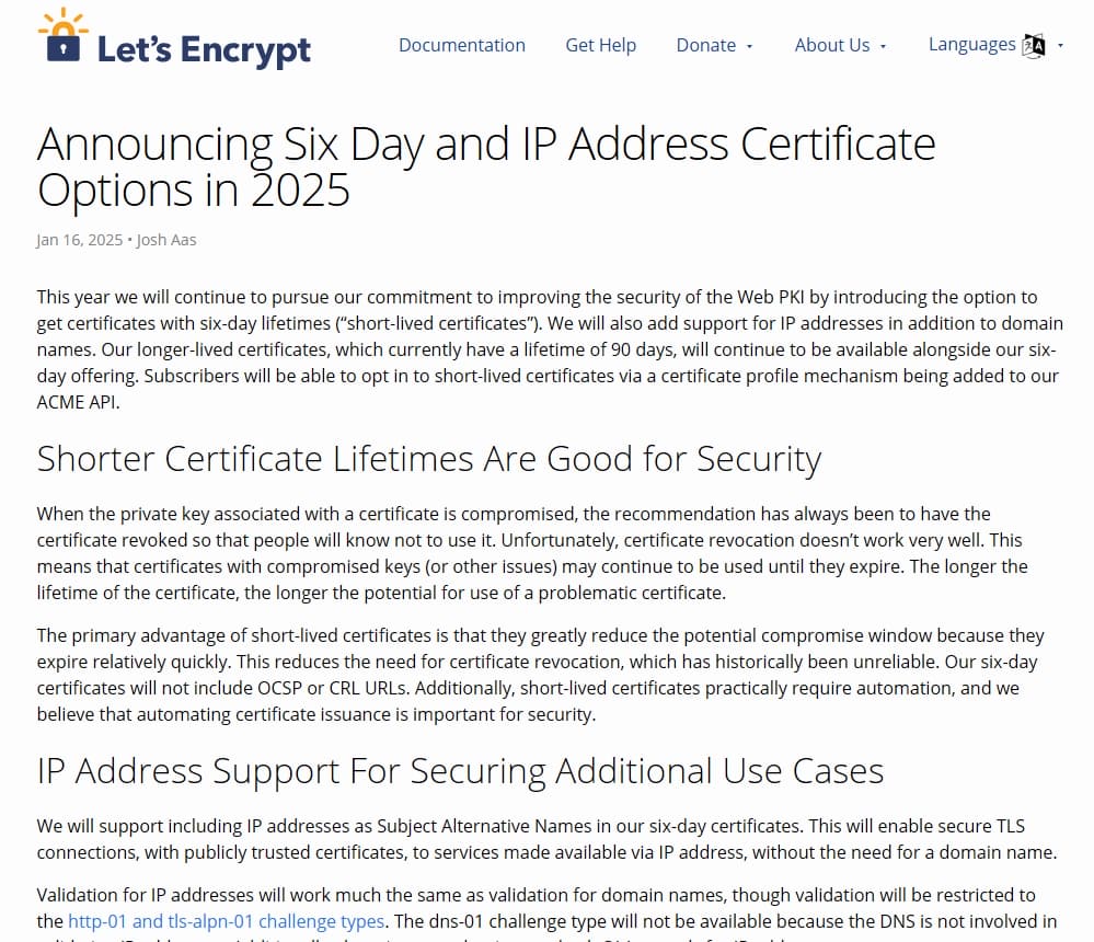 Let's Encrypt 即将推出的有效期为六天的短期证书以及对 IP 地址的支持的重要更新。